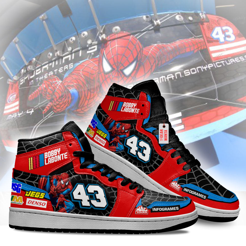 Bobby Labonte J1 Shoes Custom Spiderman #43 Cars Race Sneakers-Gear Wanta