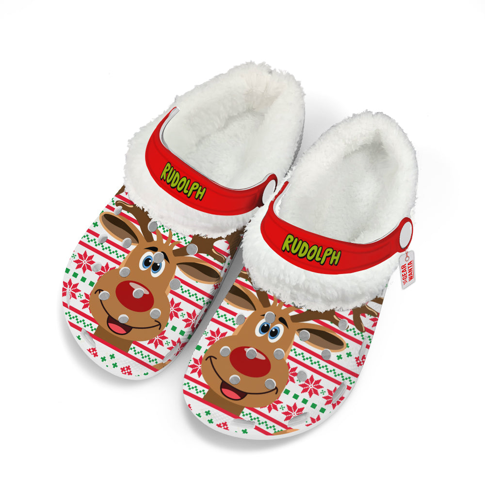 Rudolph Fleece Clogs Shoes Christmas Custom For FansGearwanta.com