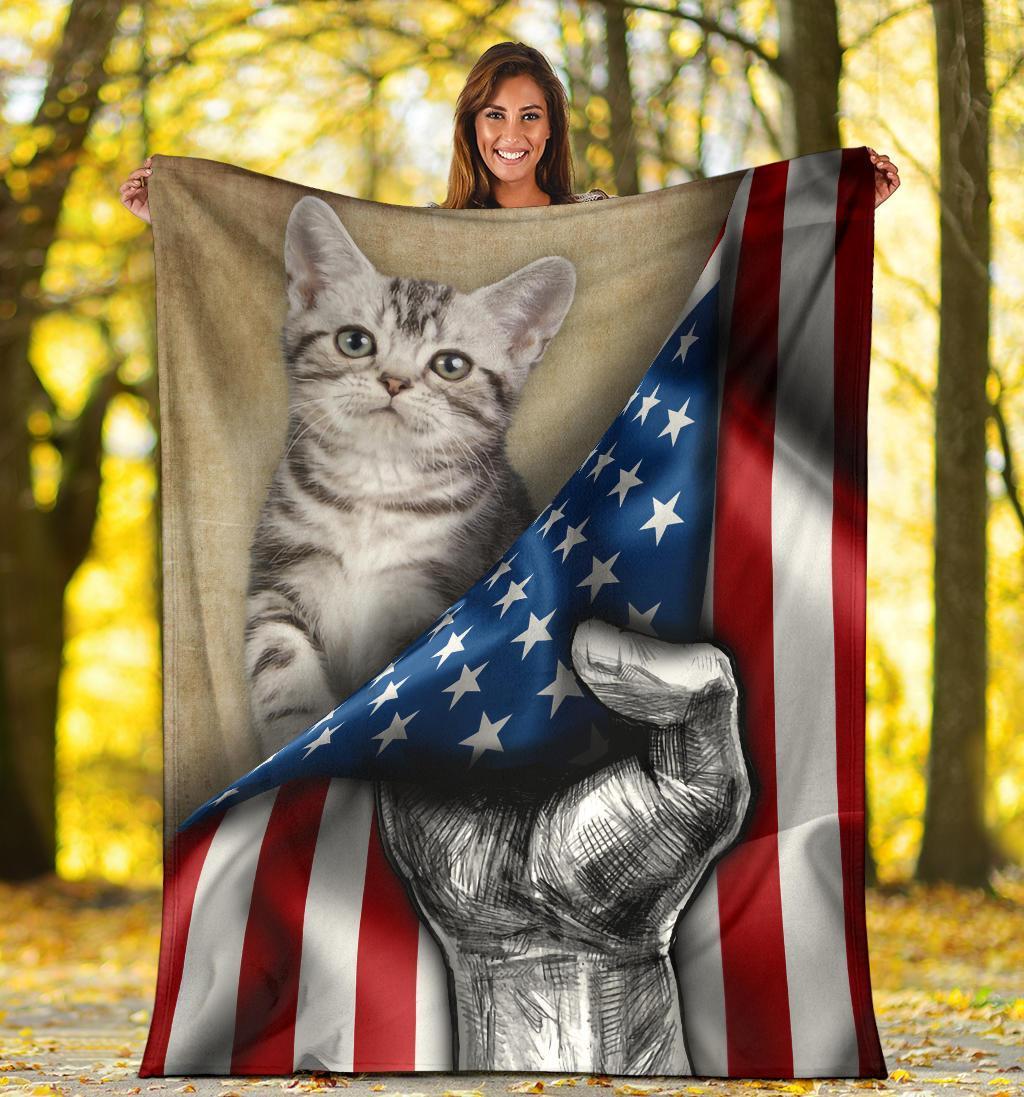 American Shorthair Cat American Flag Fleece Blanket-Gear Wanta