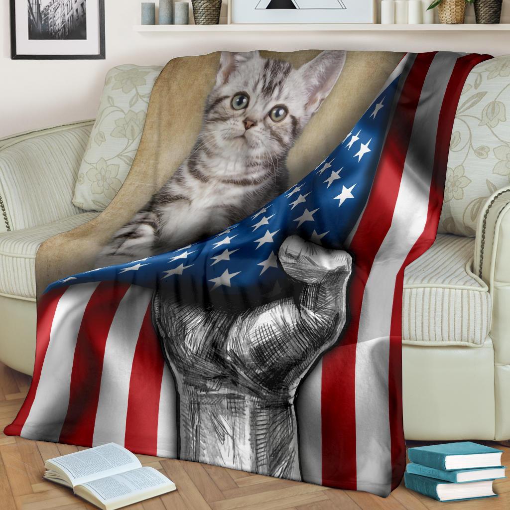 American Shorthair Cat Fleece Blanket American Flag-Gear Wanta