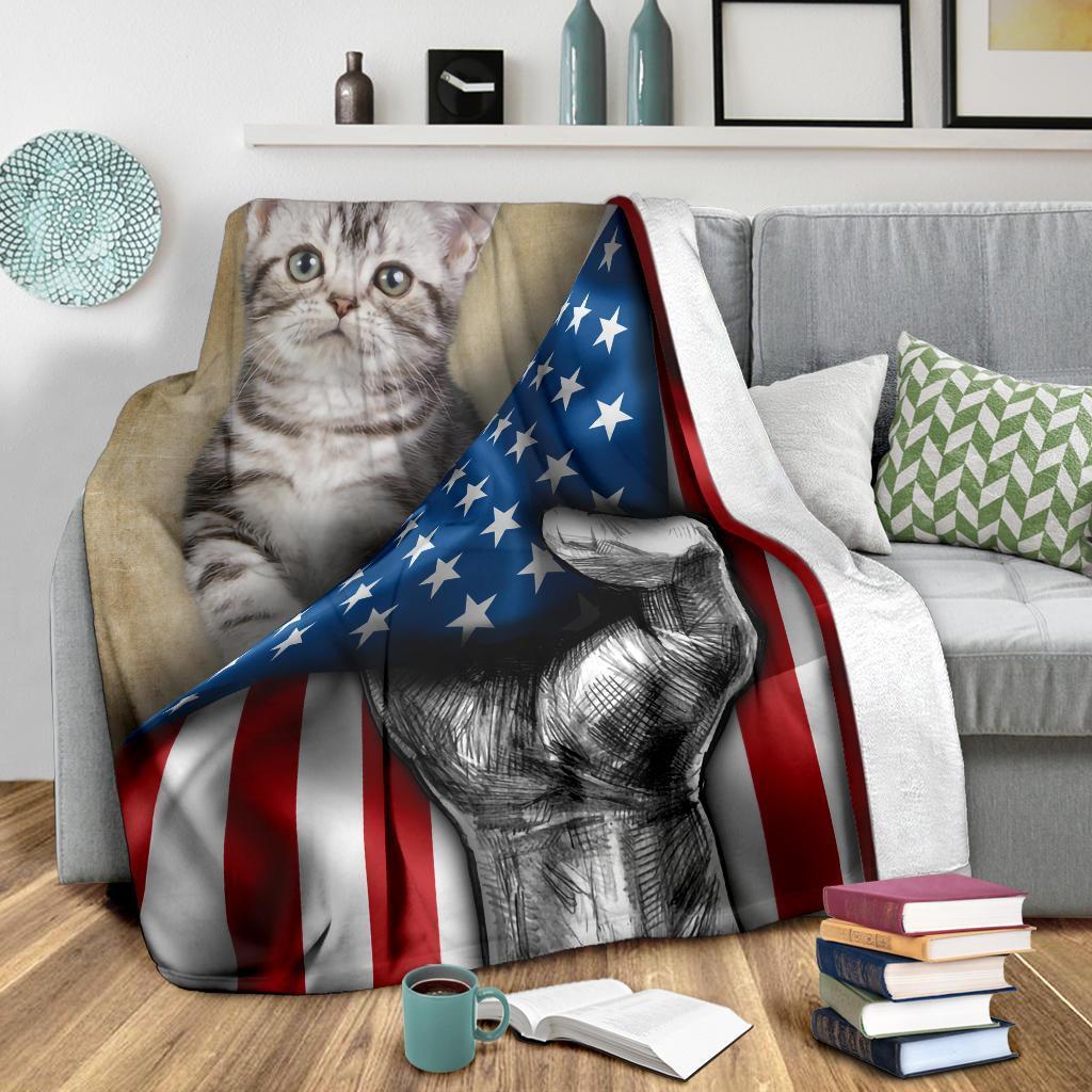 American Shorthair Cat Fleece Blanket American Flag-Gear Wanta