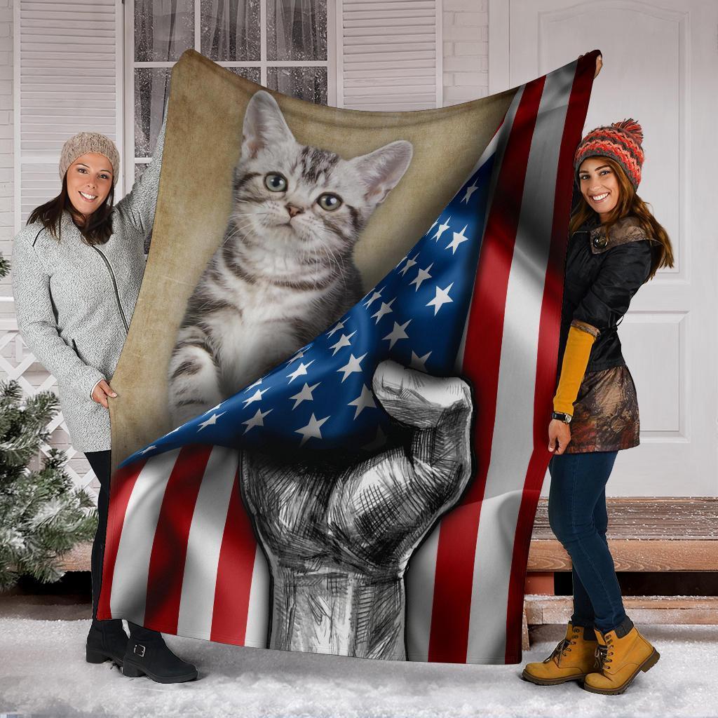 American Shorthair Cat Fleece Blanket American Flag-Gear Wanta