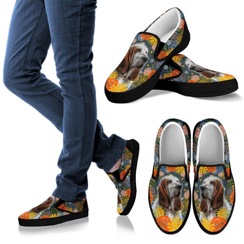 Basset Hound Dog Floral Slips Ons Shoes Dog Mom-Gear Wanta