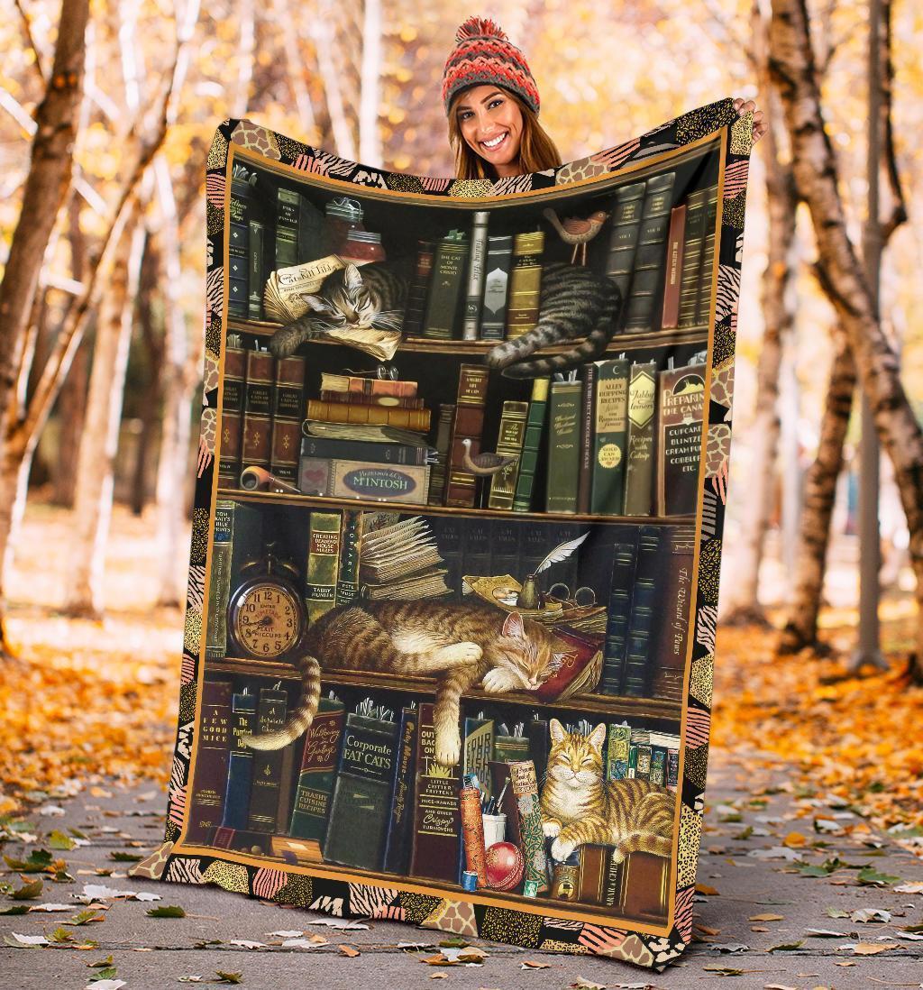 Bookshelf Cat Fleece Blanket For Cat And Book Lover-Gear Wanta