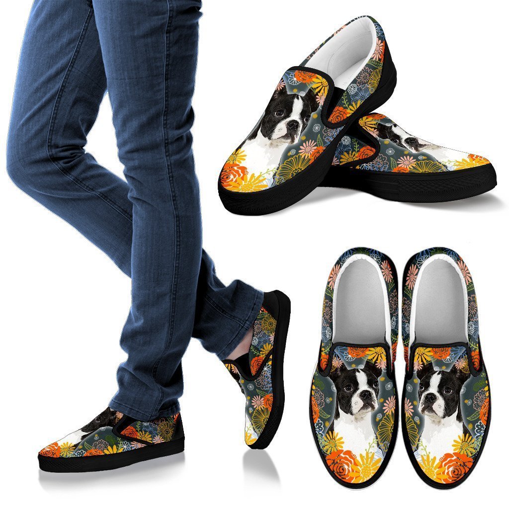Boston Terrier Dog Floral Slip Ons For Dog Mom-Gear Wanta