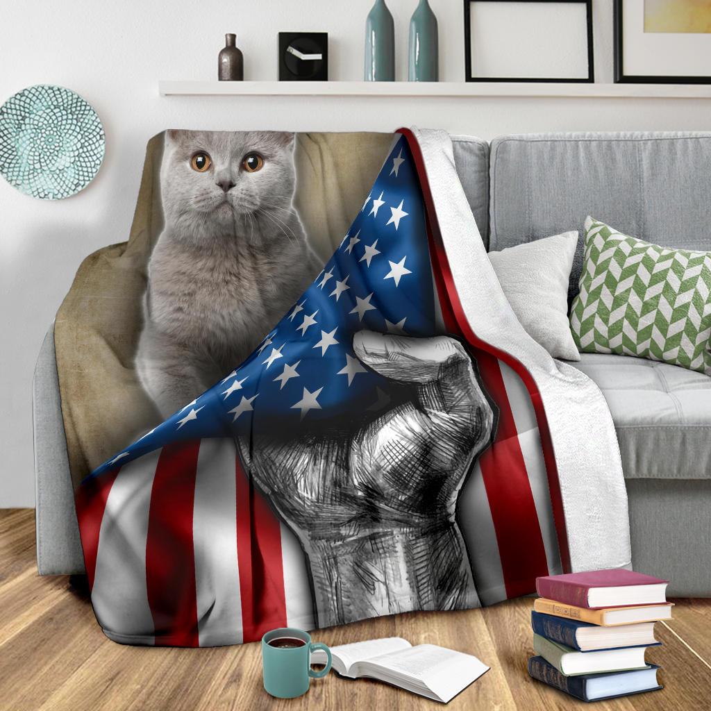 British Shorthair Cat American Flag Fleece Blanket-Gear Wanta