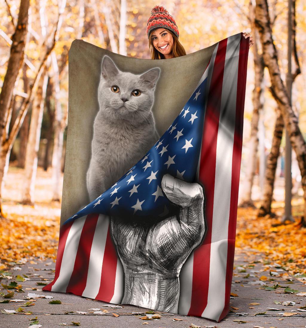 British Shorthair Cat American Flag Fleece Blanket-Gear Wanta