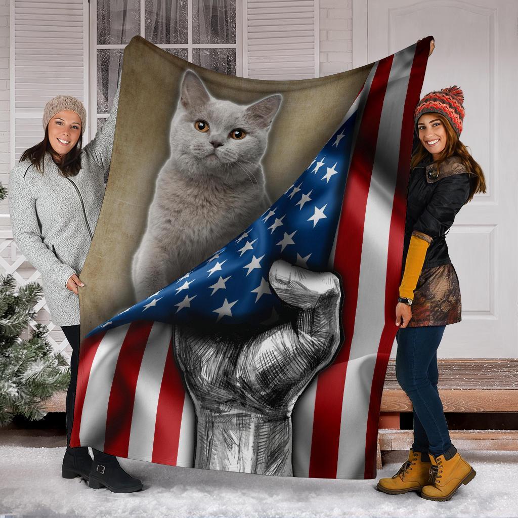 British Shorthair Cat Fleece Blanket Mixed American Flag-Gear Wanta