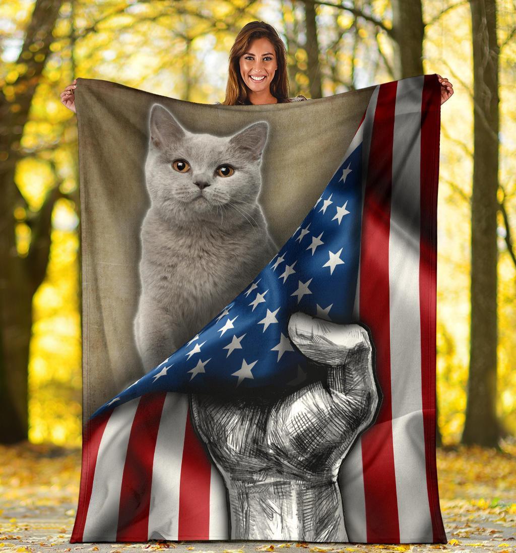 British Shorthair Cat Fleece Blanket Mixed American Flag-Gear Wanta