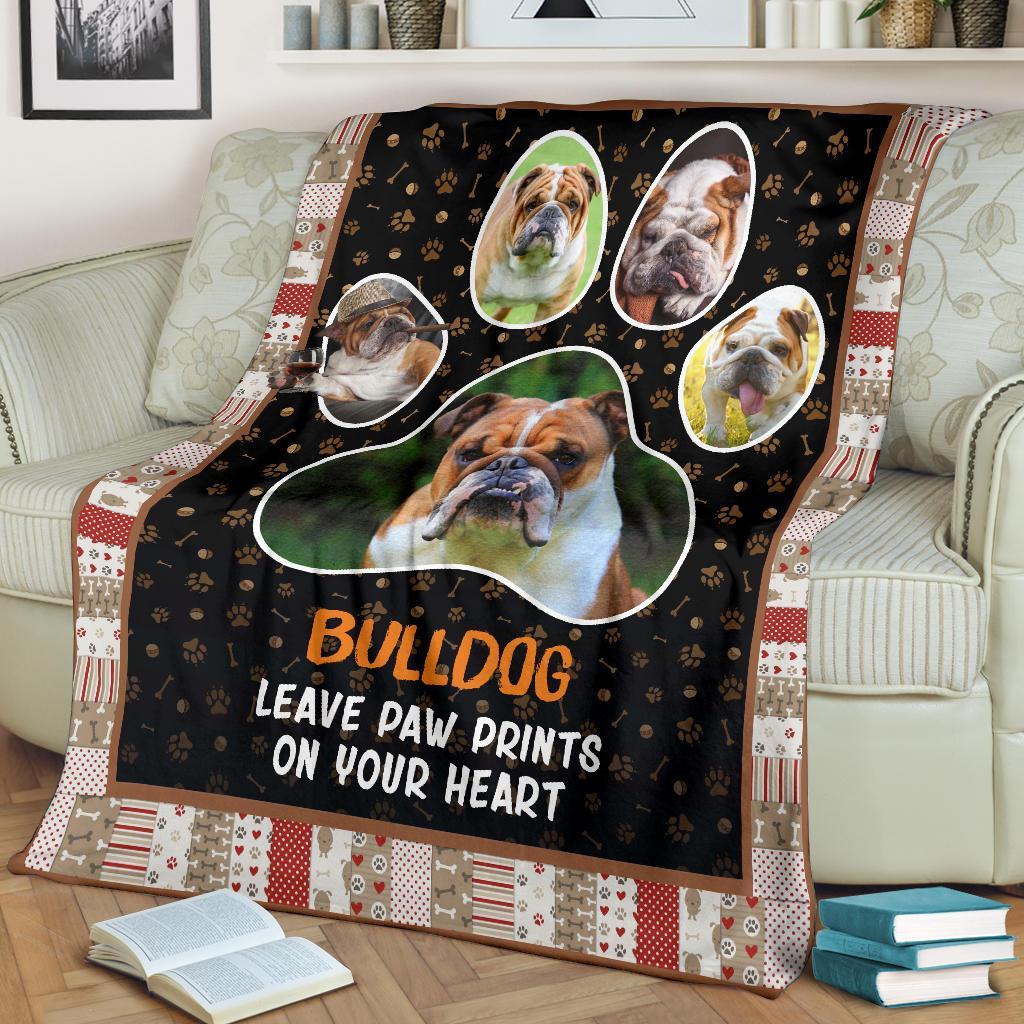 Bulldog Leave Paw Prints On Your Heart Fleece Blanket-Gear Wanta