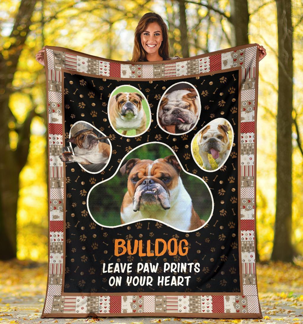 Bulldog Leave Paw Prints On Your Heart Fleece Blanket-Gear Wanta
