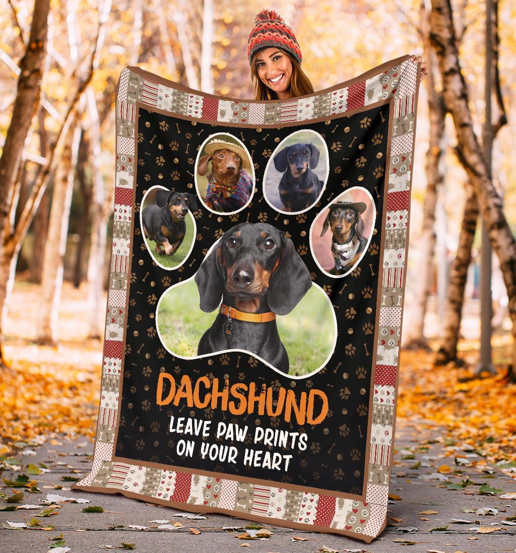 Dachshund Leave Paw Prints On Your Heart Fleece Blanket Dog Lover-Gear Wanta