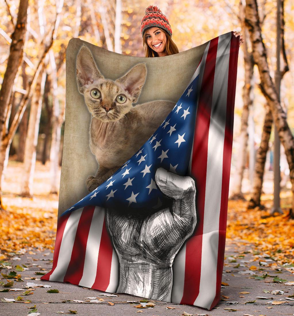 Devon Rex Cat Fleece Blanket American Flag-Gear Wanta