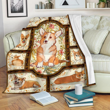 Floral Corgi Fleece Blanket-Gear Wanta