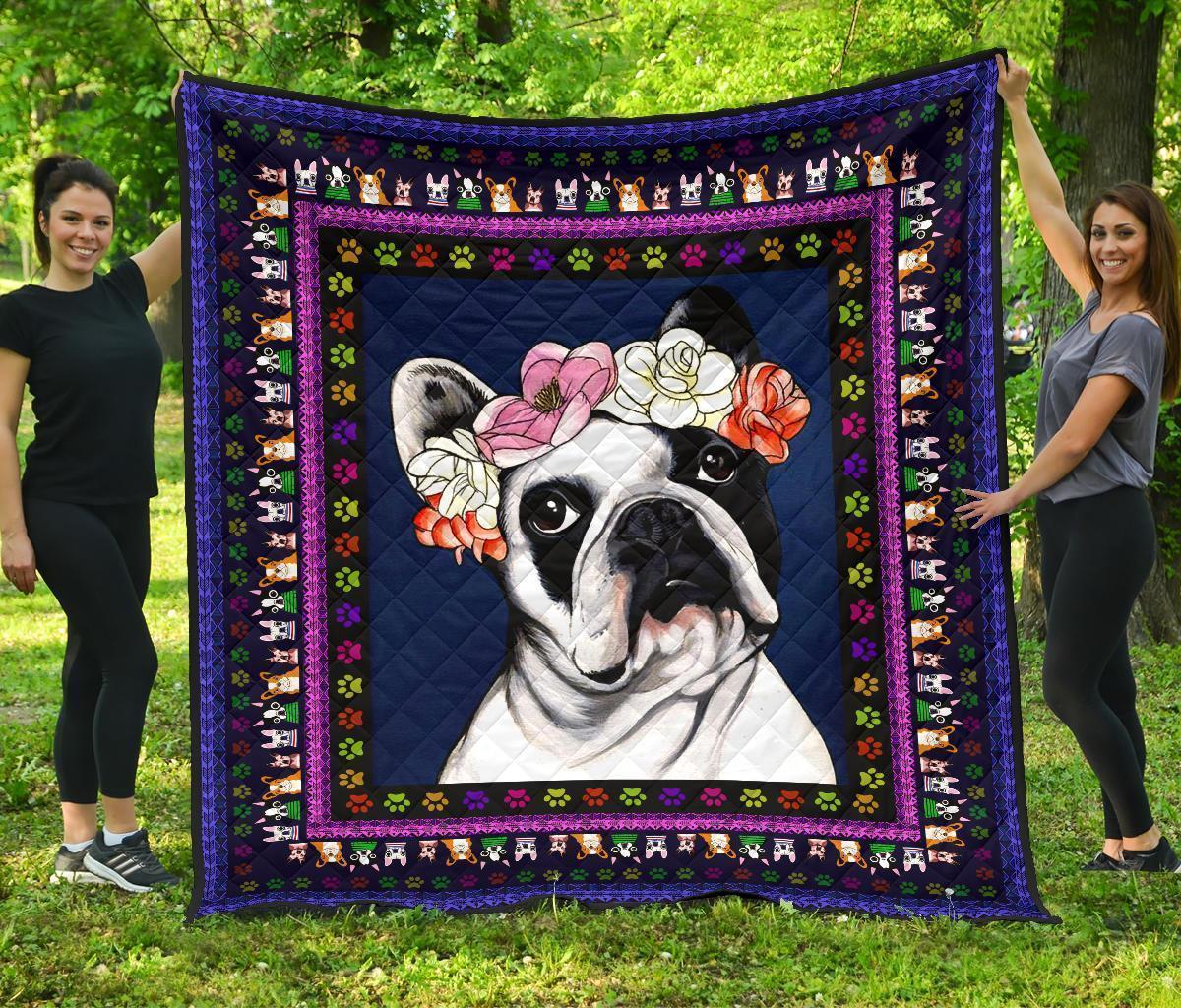 Floral French Bulldog Quilt Blanket-Gear Wanta
