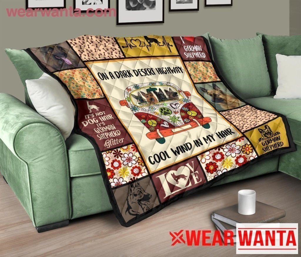 German Shepherd Dog On Dark Desert Highway Hippie Van Quilt Blanket-Gear Wanta