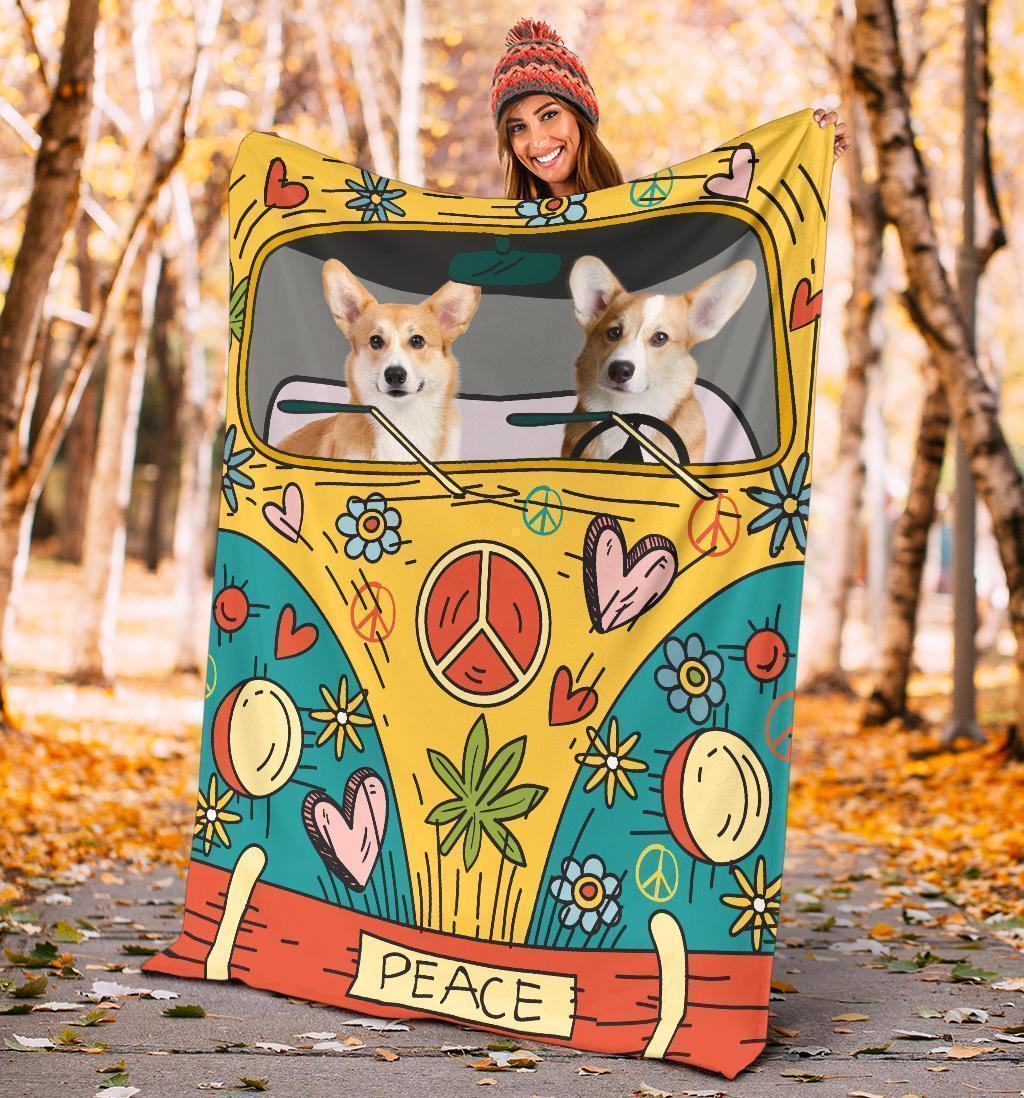Hippie Van Corgi Dog Fleece Blanket-Gear Wanta