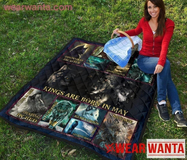 Kings Are Born In May Birthday Quilt Blanket Wolf Lover Gift-Gear Wanta