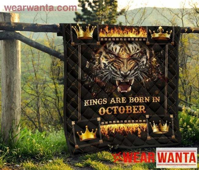 Kings Are Born In October Birthday Tiger Quilt Blanket For Men-Gear Wanta