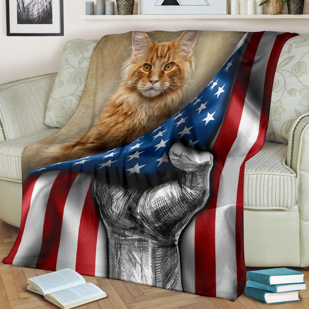 Maine Coon Cat Fleece Blanket American Flag-Gear Wanta