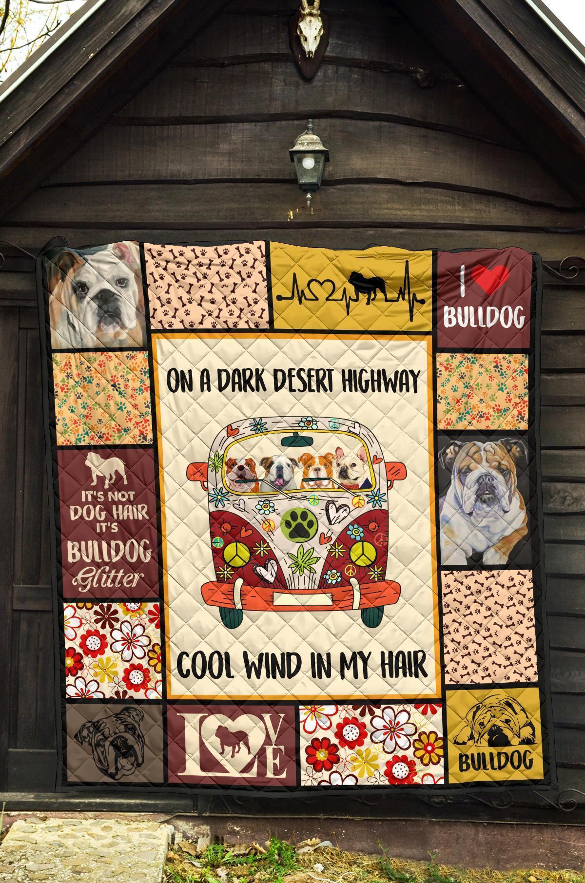 On Dark Desert Highway Hippie Van Bulldog Quilt Blanket Dog Lover-Gear Wanta
