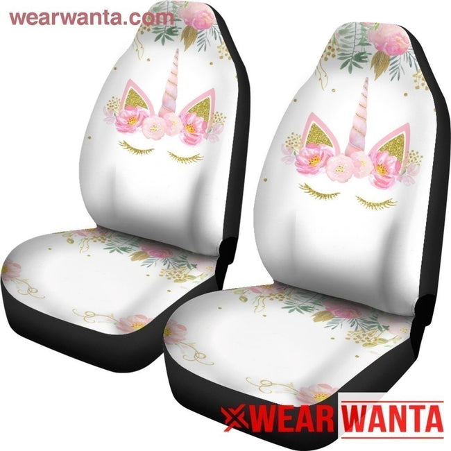 Pink Floral Flowers Eyelashes Unicorn Car Seat Covers-Gear Wanta