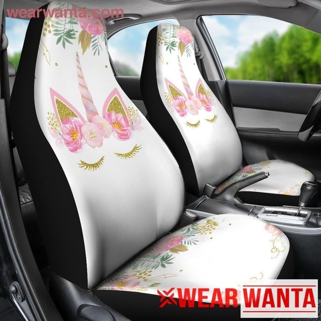Pink Floral Flowers Eyelashes Unicorn Car Seat Covers-Gear Wanta