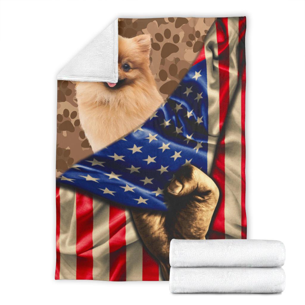 Pomeranian Dog Fleece Blanket American Flag-Gear Wanta