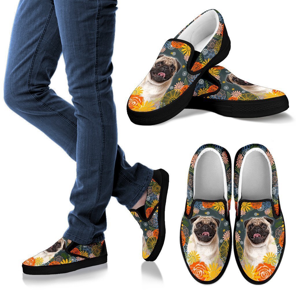 Pug Dog Floral Slip Ons Shoes For Dog Mom-Gear Wanta