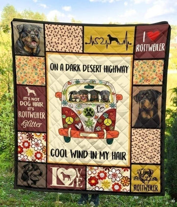 Rottweiler Dog On Dark Desert Highway Hippie Van Quilt Blanket-Gear Wanta