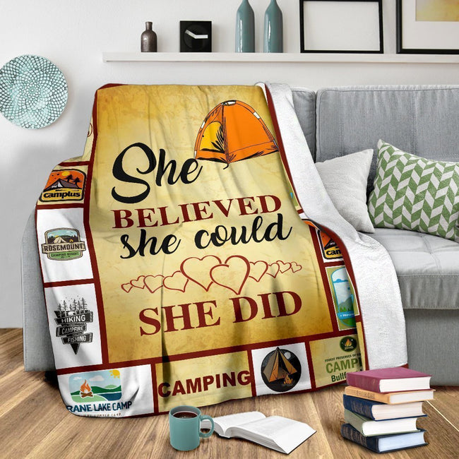 She Believed She Could She Did Camping Fleece Blanket Gift-Gear Wanta