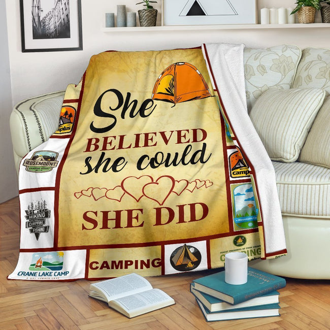 She Believed She Could She Did Camping Fleece Blanket Gift-Gear Wanta