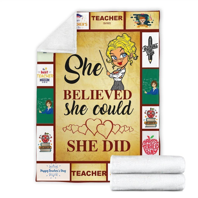 She Believed She Could She Did Teacher Fleece Blanket Gift-Gear Wanta