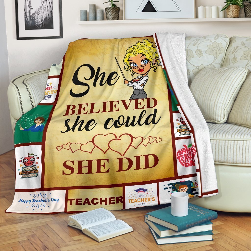 She Believed She Could She Did Teacher Fleece Blanket Gift-Gear Wanta