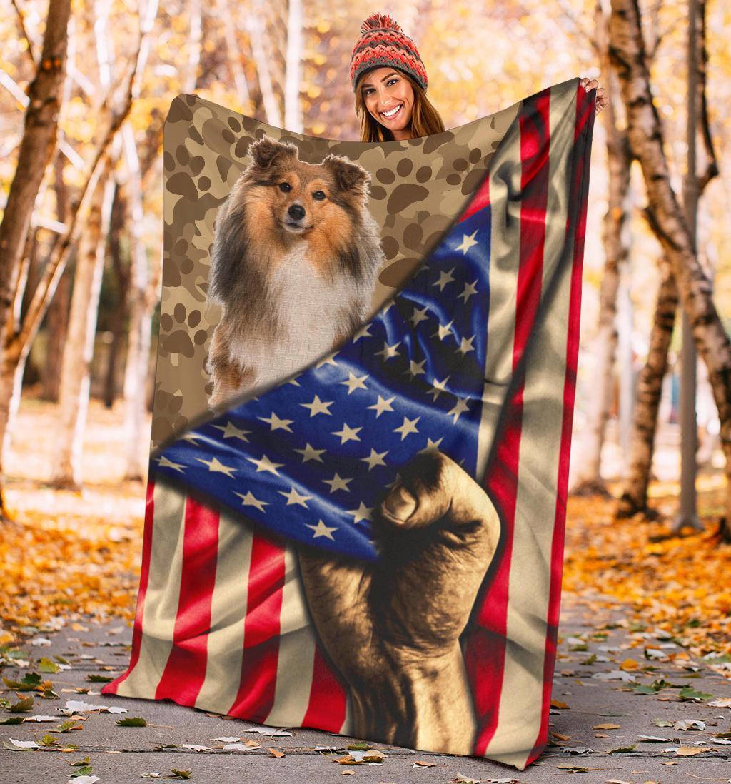 Shetland Sheepdog Fleece Blanket American Flag-Gear Wanta