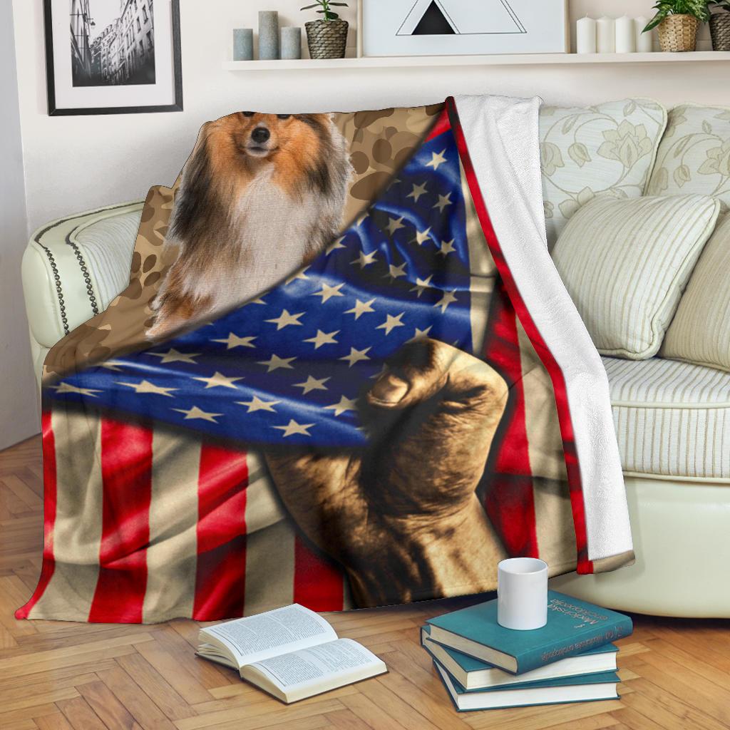 Shetland Sheepdog Fleece Blanket American Flag-Gear Wanta