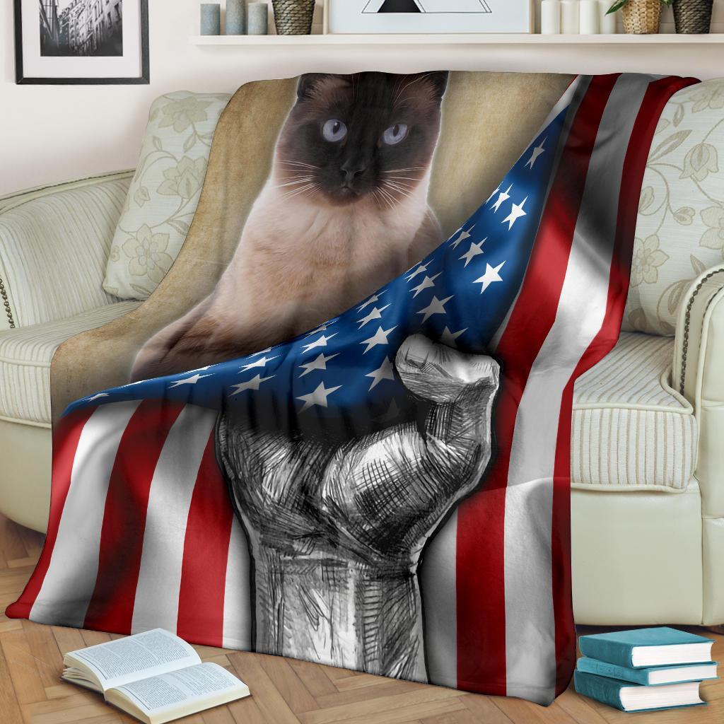 Siamese Cat Fleece Blanket American Flag-Gear Wanta
