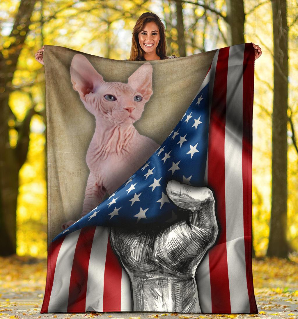 Sphynx Cat Fleece Blanket American Flag-Gear Wanta