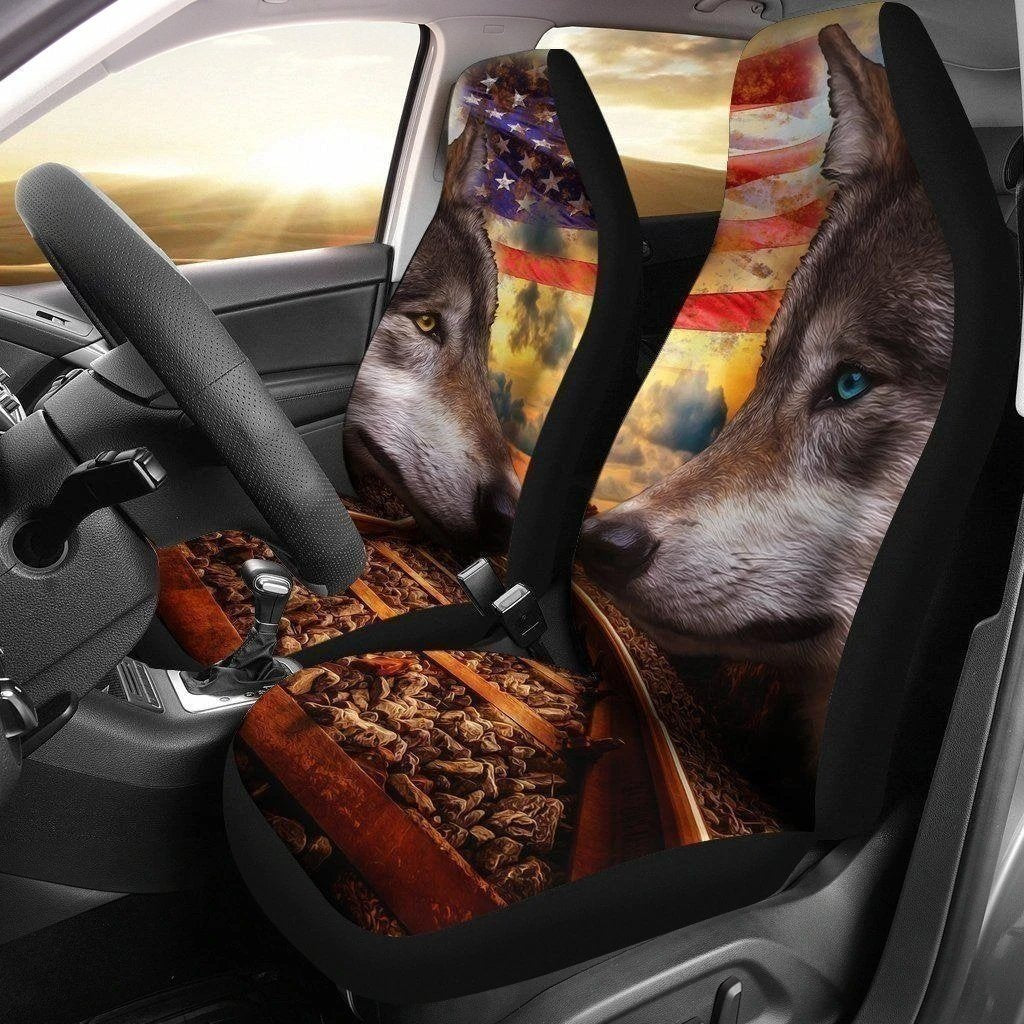 Wolf Car Seat Covers Custom US Flag Car Decoration Accessories-Gear Wanta