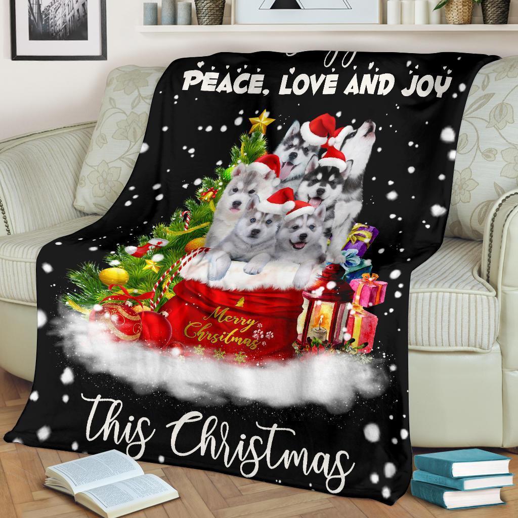 Xmas Wishing You Peace Love Joy Husky Dog Fleece Blanket-Gear Wanta